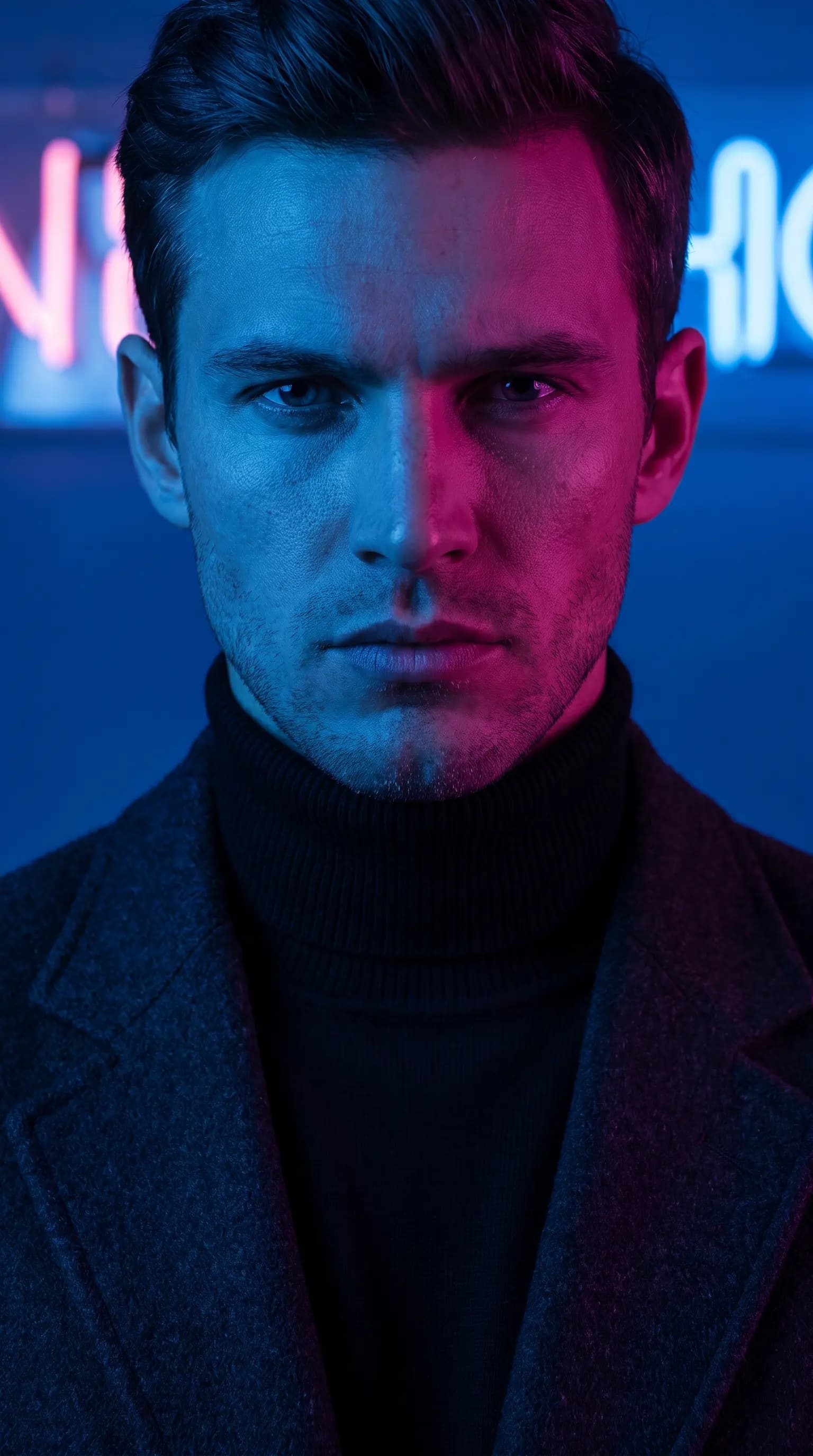 Cinematic Neon Lit Male Editorial Portrait