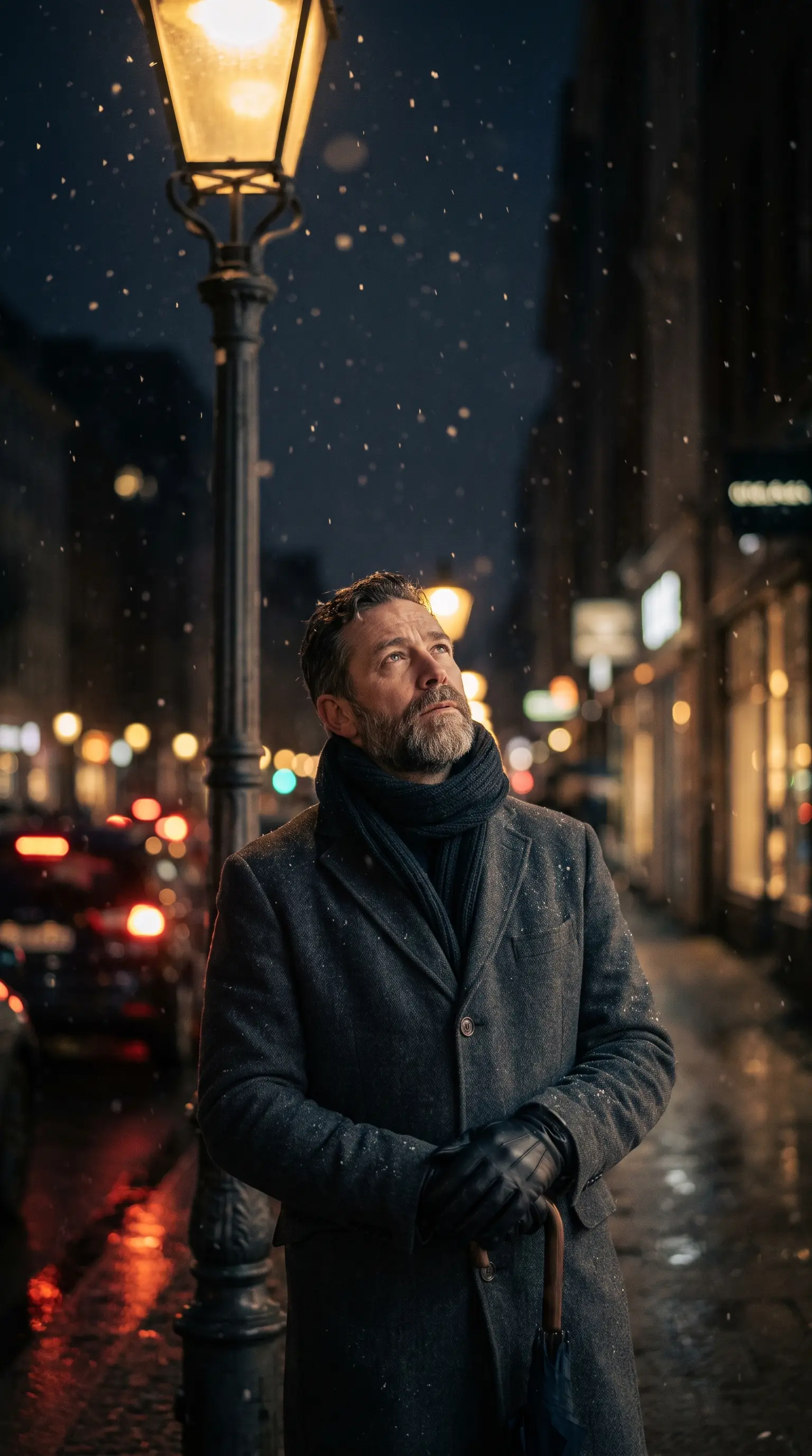 Cinematic Snowy Night Male Portrait