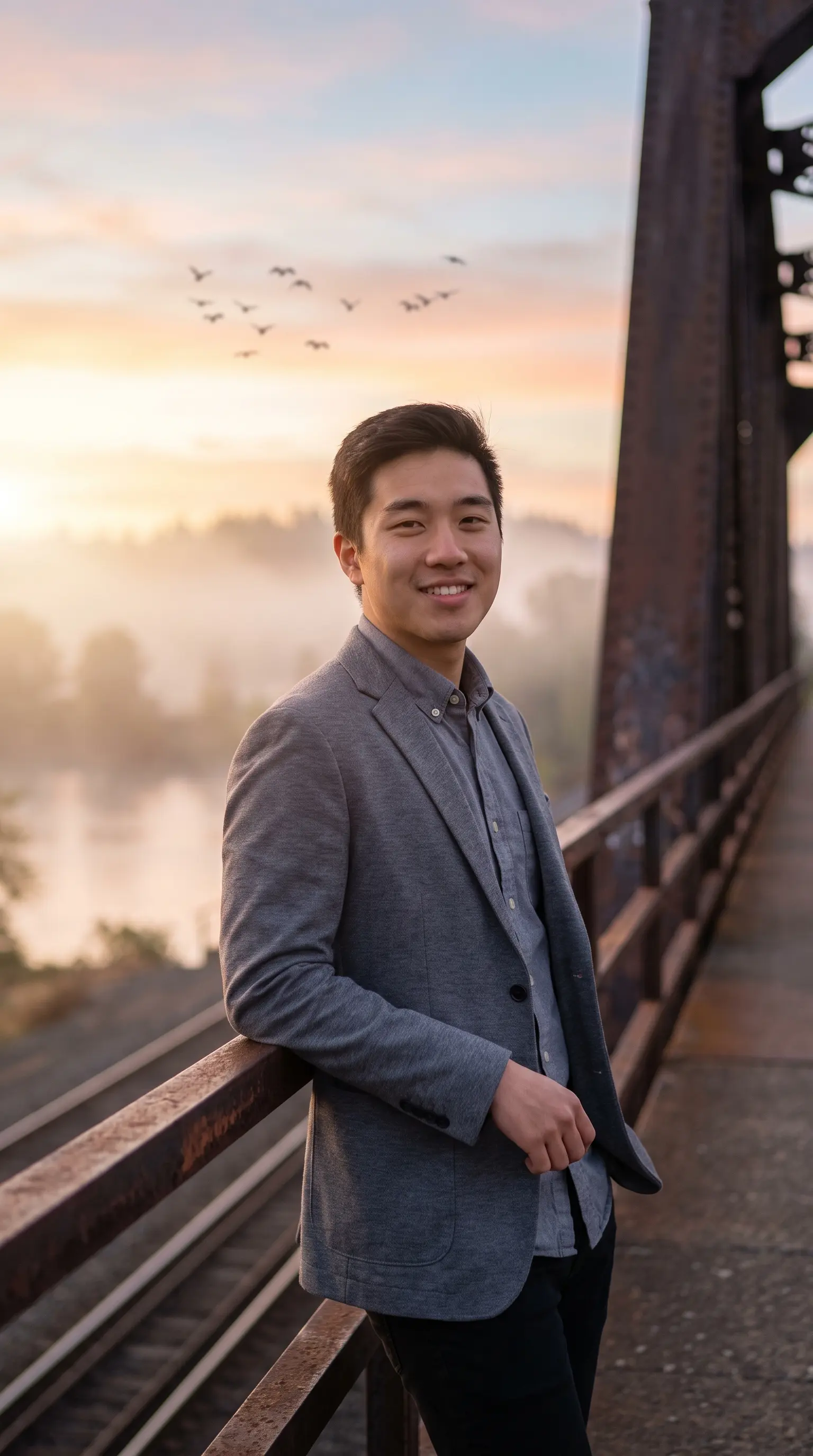 Cinematic Sunrise Portrait on Misty Railway Bridge