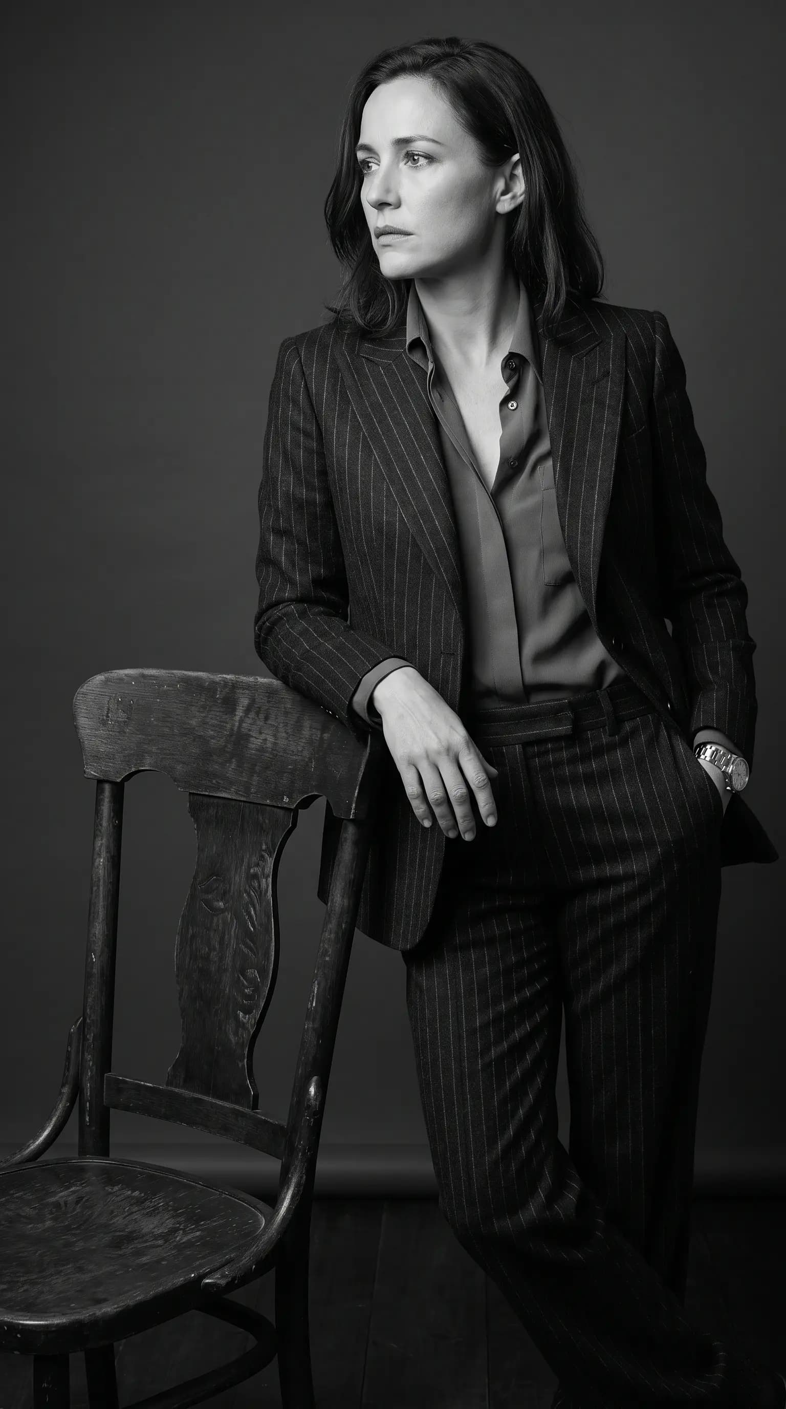 Classic Pinstripe Suit Female Studio Portrait