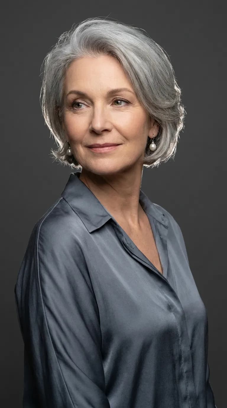 Elegant Mature Woman Silver Hair Studio Portrait