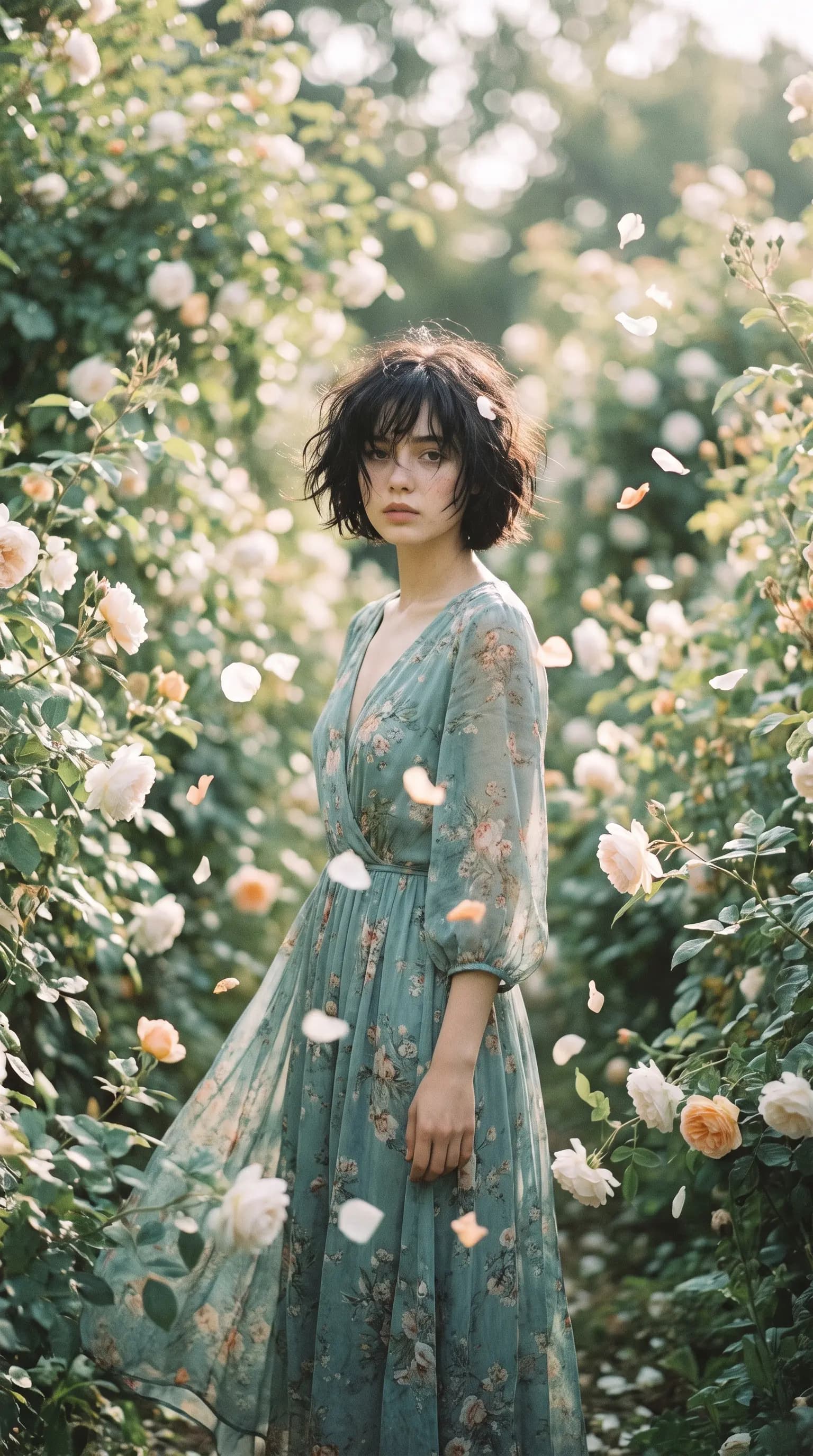 Ethereal Dreamy Garden Portrait with Floating Petals