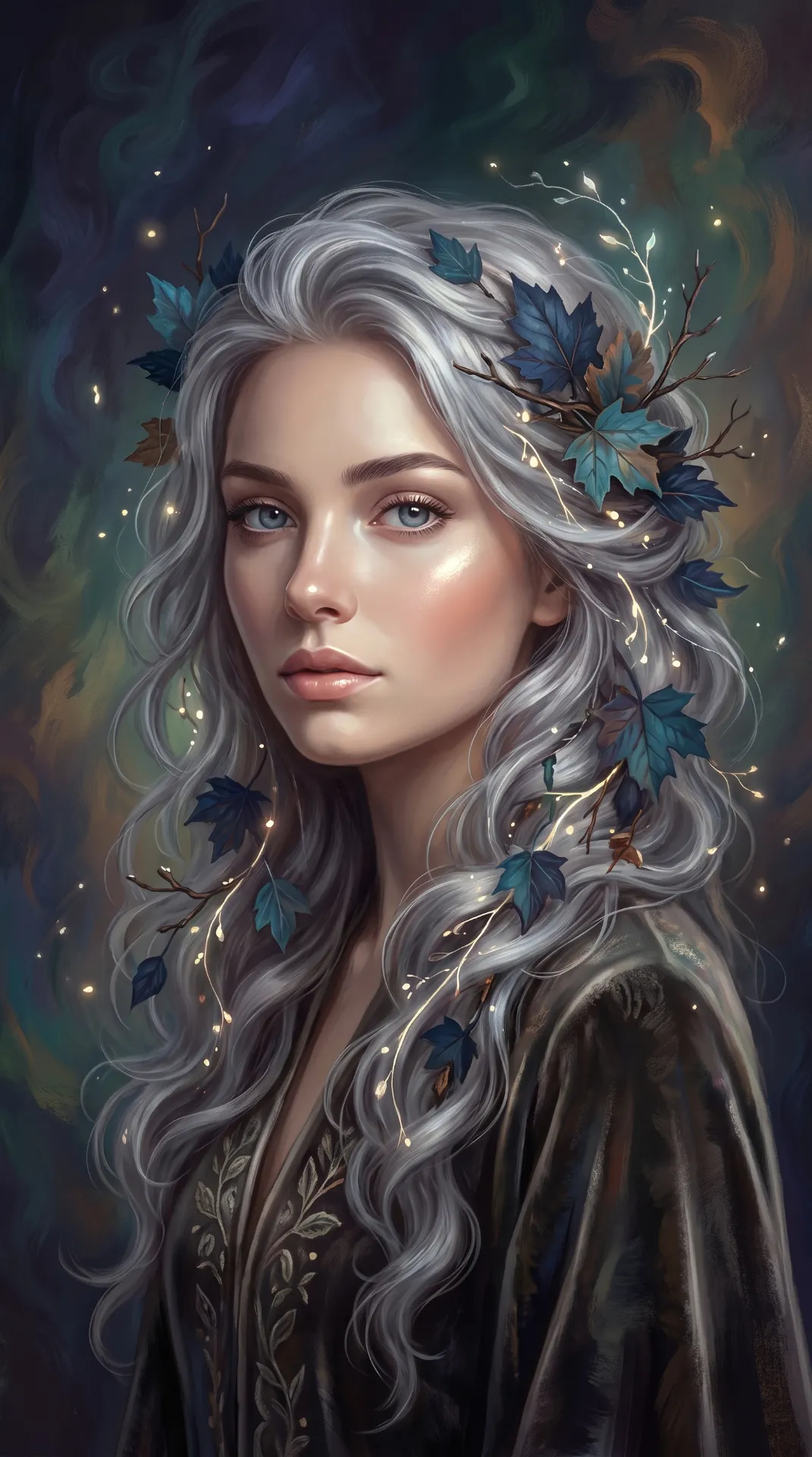 Ethereal Fantasy Goddess with Silver Hair Portrait