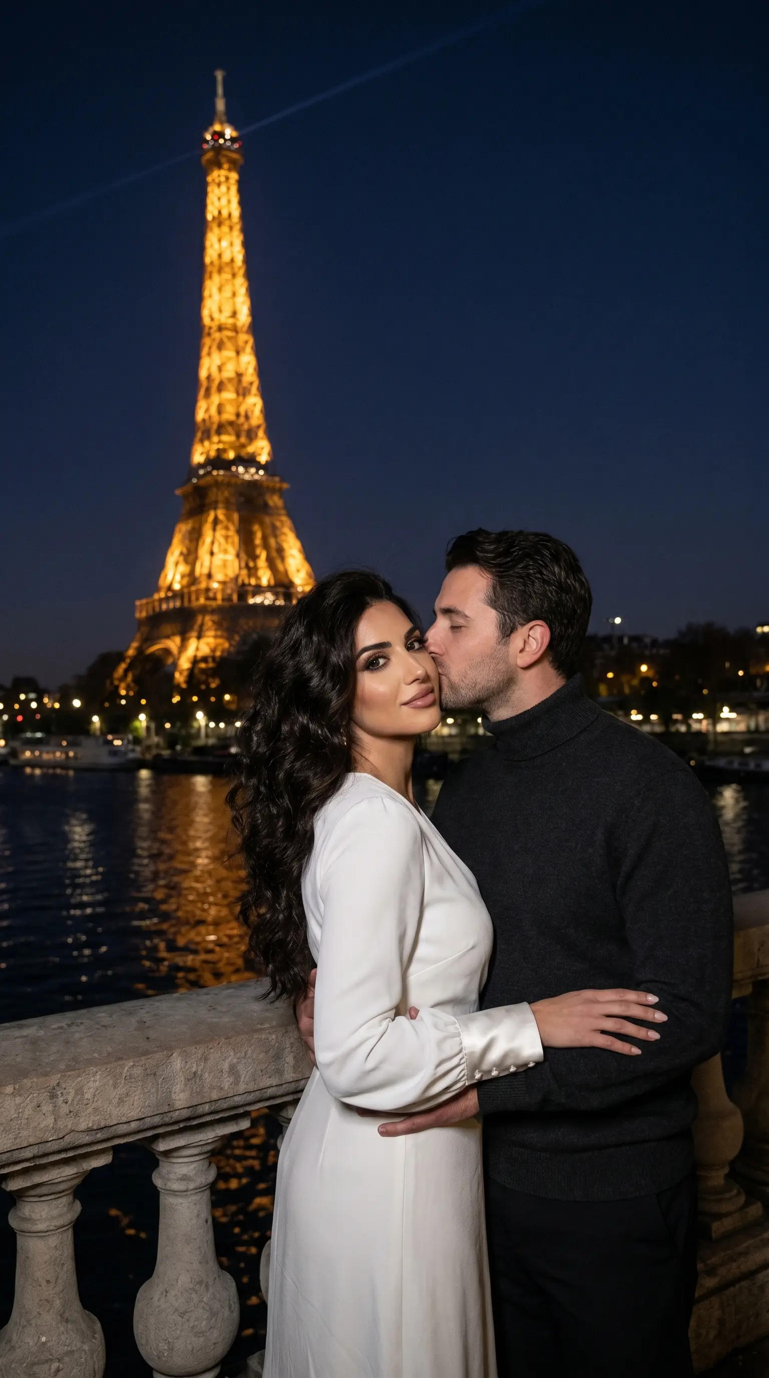 Midnight Romance in Paris - Golden Tower Couple Portrait