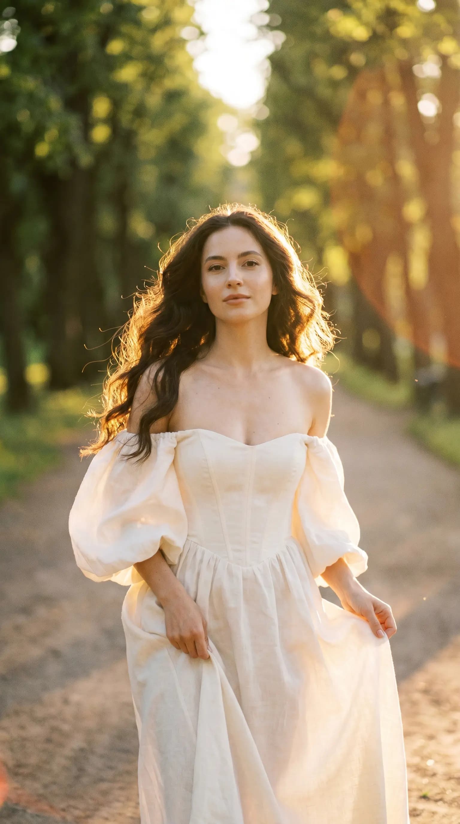 Romantic Off-the-Shoulder Corset Dress Golden Hour Portrait