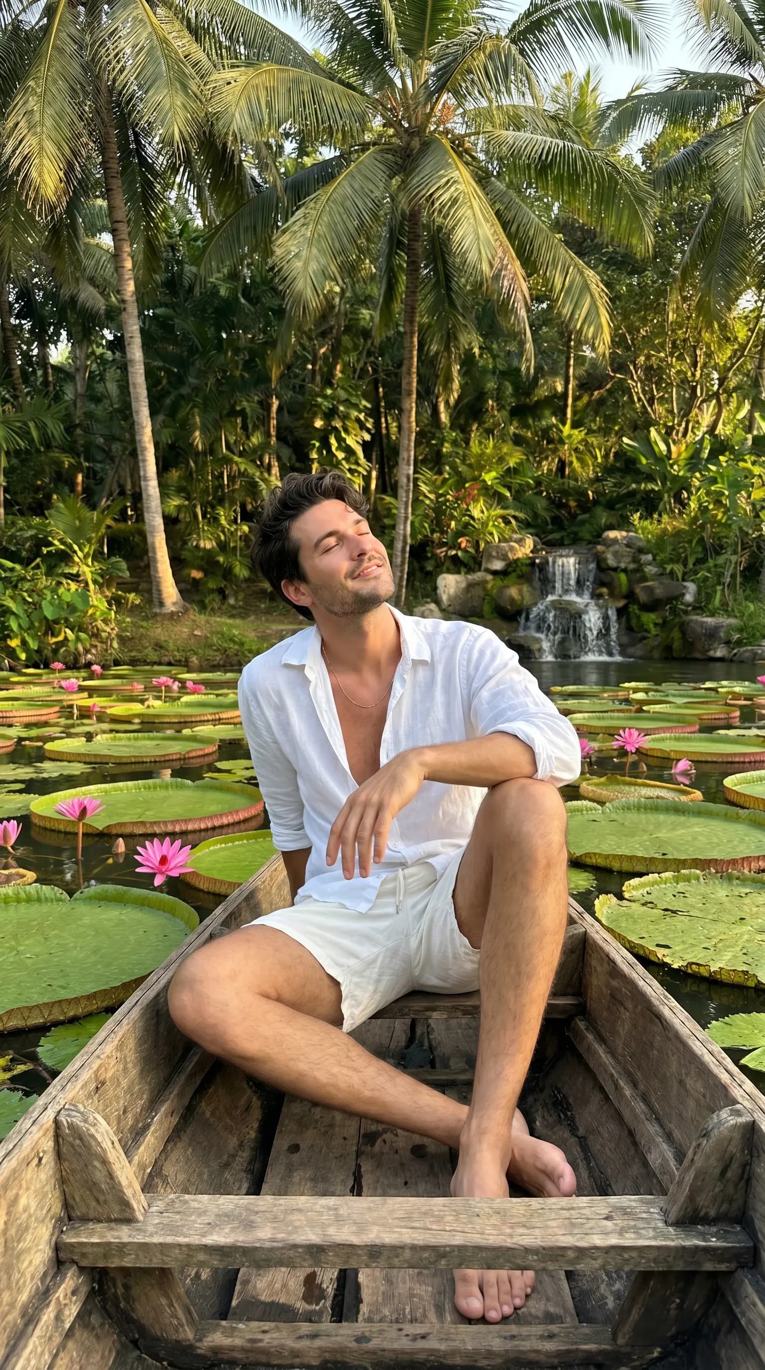 Serene Boat Journey on Giant Lily Pads