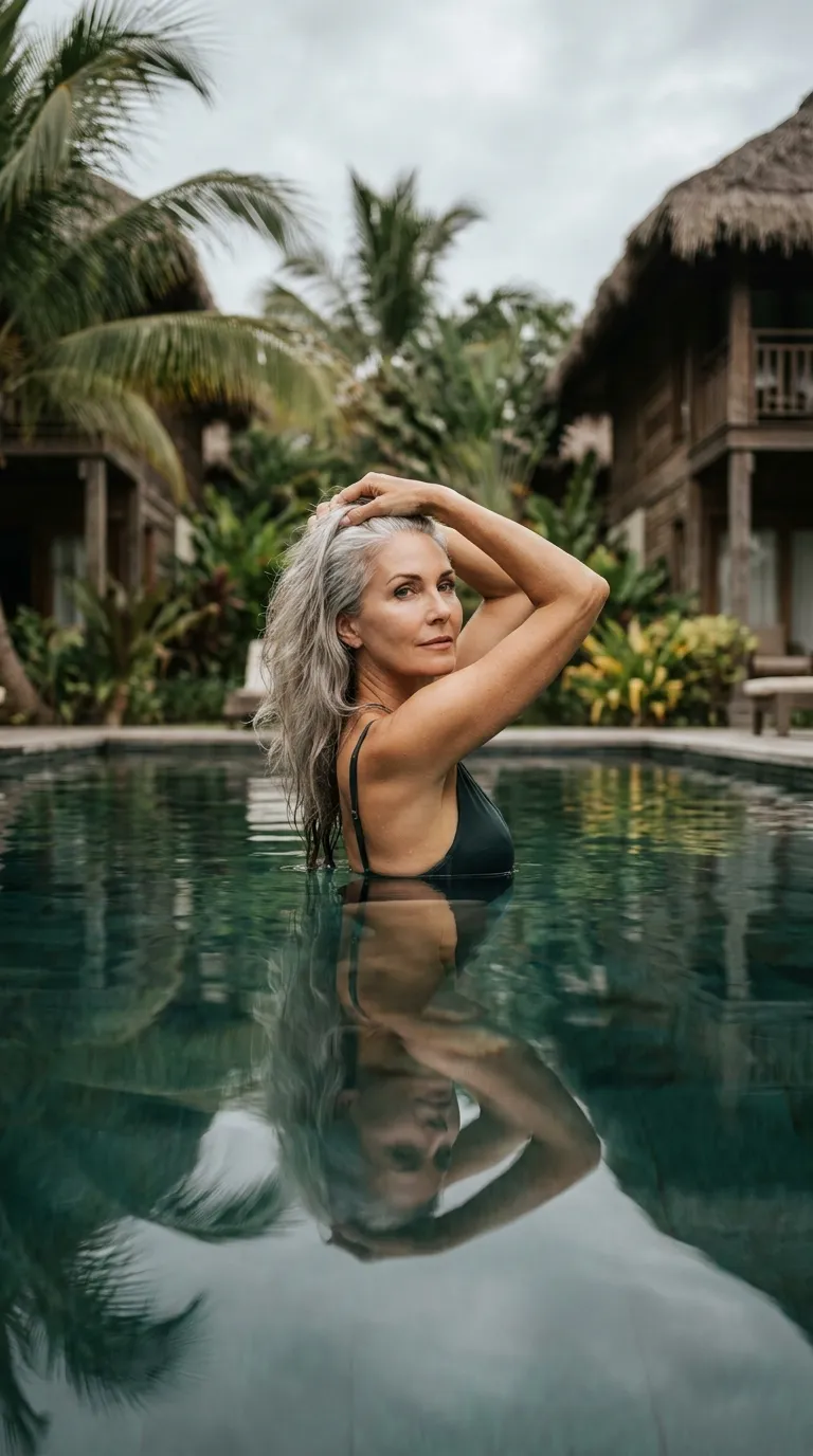Tropical Resort Editorial Portrait of a Woman in a Reflective Pool