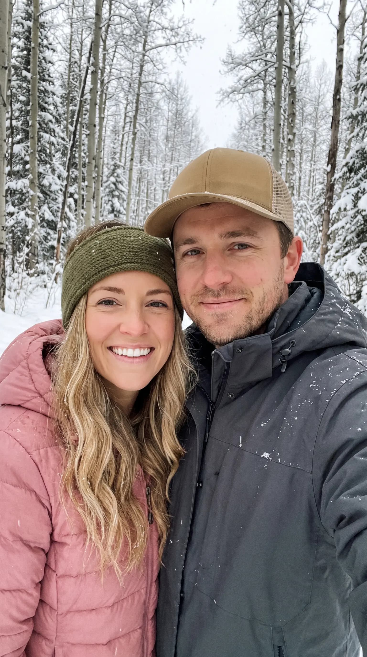 Winter Forest Hiking Selfie with Cozy Couple